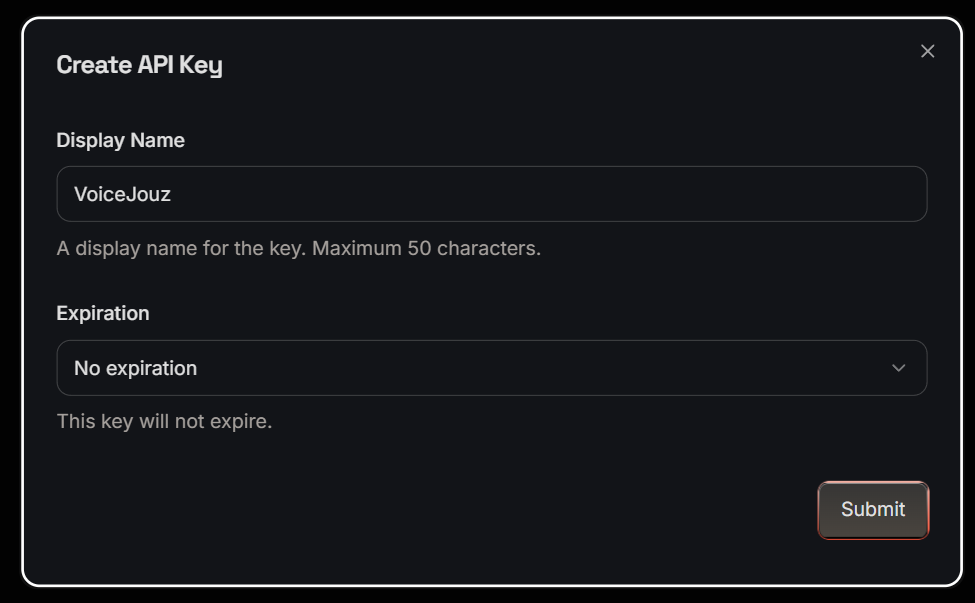 APIキー名の入力とSubmitボタン